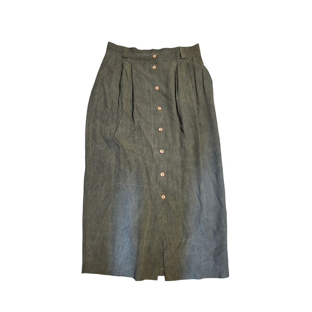 Paris Sport Club Vintage Button Front Midi Skirt Olive Green Pleated Size 14